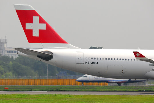 Chiba, Japan - July 28, 2012:Swiss Airbus A340-300 (HB-JMO) Vertical Fin.