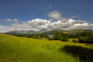 Walking along lake Windermere in summer, Lake District, England