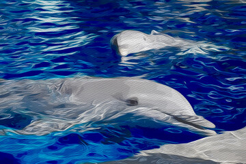 Illustration of two dolphins swimming in blue water.