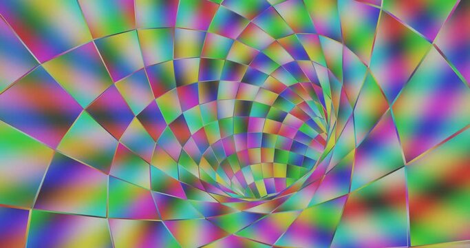 Rainbow tunnel funnel with gradient background. Iridescent wormhole in 3d render digital twirl. Abstract 80s style party with vibrant synthwave shades. Curved geometric warp jump hole