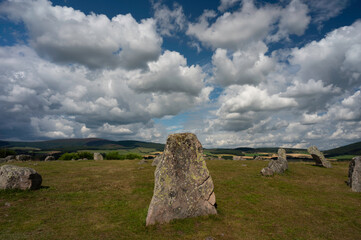 Tomnaverie Standing Stones near Tarland, Aberdeenshire, Scotland. Sunny day with blue sky and...