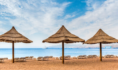 Morning on central public beach in Eilat - famous tourist resort and recreational city in Israel