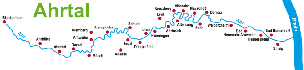 Ahrtal Landkarte, Karte mit Ortschaften, RLP, Weinanbaugebiet, Radweg, Wanderweg, Tourismus