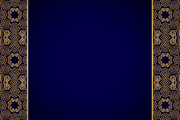 3d volumetric convex embossed geometric dark blue background with ethnic gold pattern, unique arabesque. Oriental, Asian, Indian ornament for design and decor. Vertical inserts.