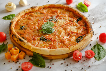Appetizing, fresh pizza is on the table. Food from an Italian restaurant. Cooking pizza. Pizza ingredients.