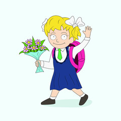 Joyful schoolgirl goes to school after vacation. Vector picture