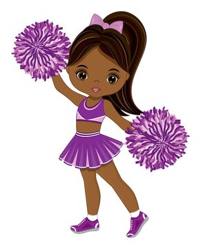 Cute African American Cheerleader Dancing with Pom Poms. Vector Black Cheerleader 