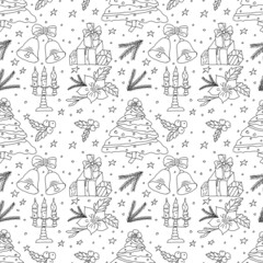 Seamless pattern with traditional Christmas attributes. Doodle style digital illustration for prints, wrapping paper, posters, fabrics, clothes, wallpaper