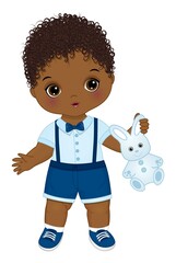 Little African American Baby Boy Holding Bunny Toy. Vector Cute Baby Boy