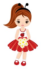 Vector Beautiful Girl Wearing Ladybug Antenna Headband and Holding Bunch of Flowers