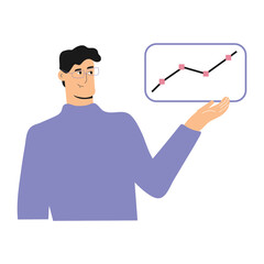 Vector illustration of young man with glasses in blue sweater showing an indicator growth graph