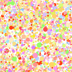 Abstract hand drown polka dots background. White dotted seamless pattern with rainbow circles. Template design for for Birthday, party holiday, banner, textile, fabric. Summer confetti illustration