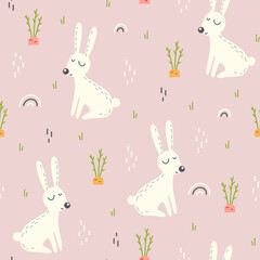 Seamless pattern with hares in the garden with carrots. Colored cartoon pattern with rabbits on a pink background.