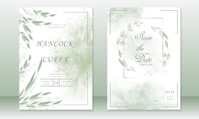 Elegant wedding invitation card template. Beautiful with watercolor texture background and green leaves