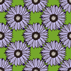 Seamless pattern sunflowers green background. Beautiful texture with purple big sunflower.