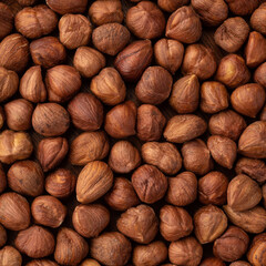 Closeup top view of hazelnuts. Food backdrop