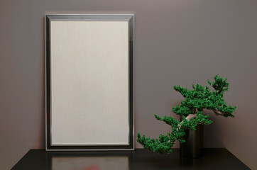 Bonsai tree into the light background with empty frame. 3D rendering