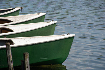 Bows of four green and white docked rowing boats on a lake in Bavaria, Germany, in summer