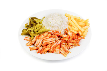 istanbul chicken doner menu, chicken with rice on the plate, turkish special dish, food, special menu, on a white background