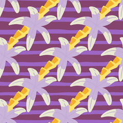 Purple colors palm tree elements seamless doodle pattern. Striped background. Hand drawn nature tropic backdrop.