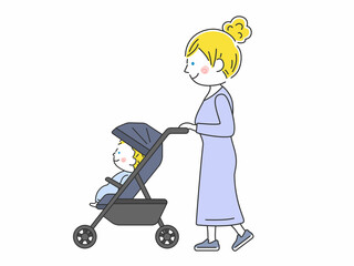 ベビーカーを押す母親のイラスト