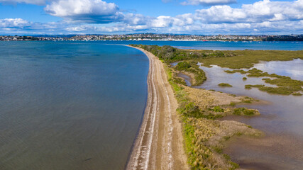 Aerial View from the Beach, Green Trees, City Streets and Waves - Tahuna Torea, Bucklands Beach View in New Zealand - Auckland Area