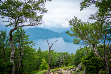Obraz premium 栃木県日光市の男体山に登山している風景 A view of climbing Mt. Ottai in Nikko City, Tochigi Prefecture. 