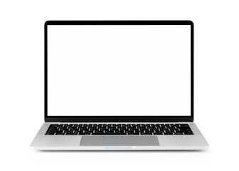 A white background with a laptop, an empty screen, and a silver aluminum body.