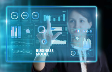 Business, Technology, Internet and network concept. Young businessman working on a virtual screen of the future and sees the inscription: Business model
