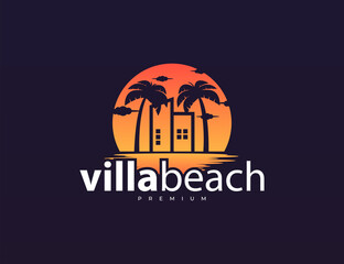 Building and palm tree with sunset logo design