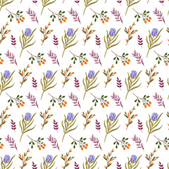 Protea pattern with purple leaves and orange berries. Floral vector pattern on white background. For use in prints, packaging, promotions, advertisements, covers and brochures, flower shops.