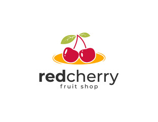 Fresh cherry illustration with leaves healthy fruit  logo