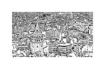 Building view with landmark of Istanbul is a major city in Turkey. Hand drawn sketch illustration in vector.