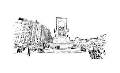 Building view with landmark of Istanbul is a major city in Turkey. Hand drawn sketch illustration in vector.