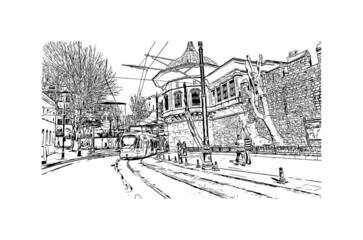 Fototapeta premium Building view with landmark of Istanbul is a major city in Turkey. Hand drawn sketch illustration in vector.