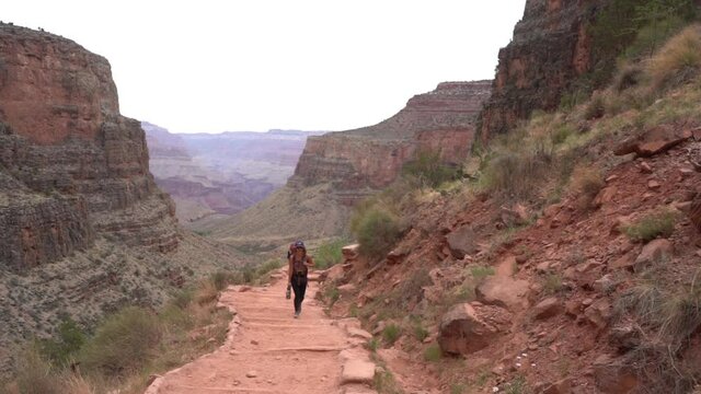 Hiking in Grand Canyon National Park, Arizona USA. Lonely Female Hiker on Trail With Amazing Landscape in Background, Full Frame Slow Motion