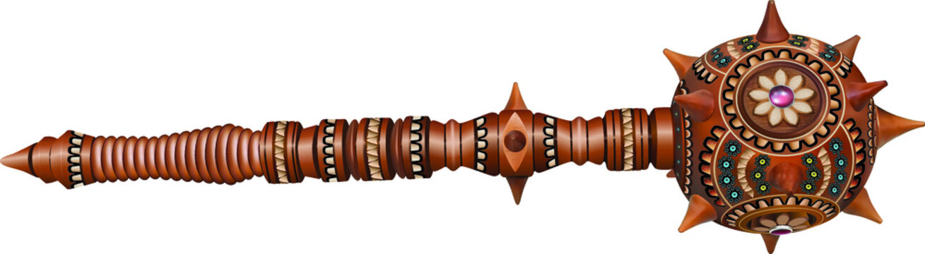 mace made of wood, with ethnic Ukrainian ornament, carving, floral ornament in yellow-blue tones, with a red stone in the center of a large carved flower, with thorns on the pommel and handle
