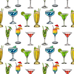Watercolor digital illustration seamless pattern of cocktails of different shapes