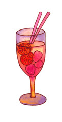 Cocktail in a glass. Mixed soft drink with straw and berries. Watercolor illustration.
