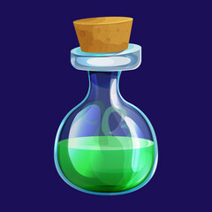 Magic Bottle with liquid potion elixir lab game icon in cartoon style isolated on white background. Glass jar, spooky wizard, alchemy asset