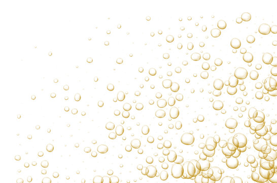 Gold fizzy bubbles. Sparkles champagne. Fizzy pop and effervescent drink. Abstract fresh soda and air bubbles, oxygen, champagne crystal. Vector illustration on black transparent background.