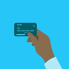 A hand holding a credit card. Close-up of an African-American man's hand with a bank card. The concept financial transactions, online shopping. Vector
