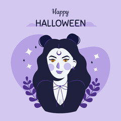 Halloween witch drawing in flat design, portrait of a girl illustration