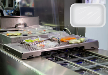 Automated linear tray food container heat sealing machine. Food industry.