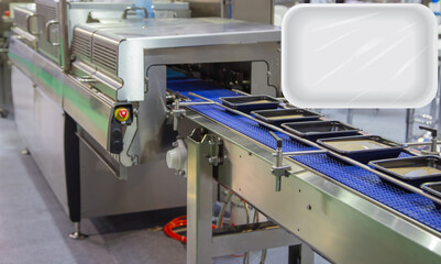 Linear tray food container heat sealing machine. Food industry.