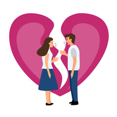 Asian couple fighting with pink broken heart in flat design on white background. Arguing man and woman character.