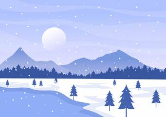 Christmas Winter Landscape and New Year Background Vector Illustration With a View Of Falling White Snow, Trees, Mountains In Flat Style Design