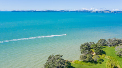 Aerial View of Boat in Grahams Beach in New Zealand - Auckland Area