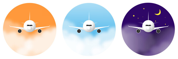 Plane vector flying forward in the cloudy and starry sky in the morning, afternoon and night on a circle background