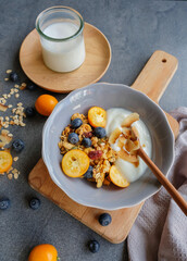 Vitamins and minerals enriched snacks. Blueberries Kamquat Granola with Yogurt. For a clean and healthy lifestyle.